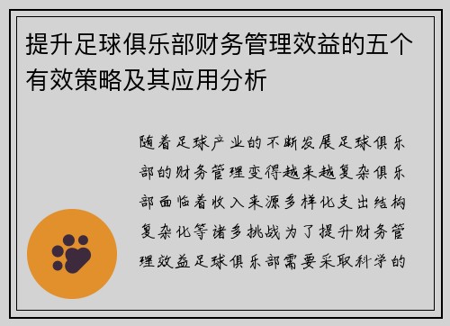 提升足球俱乐部财务管理效益的五个有效策略及其应用分析