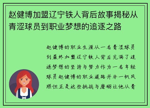 赵健博加盟辽宁铁人背后故事揭秘从青涩球员到职业梦想的追逐之路