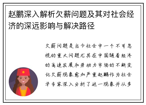赵鹏深入解析欠薪问题及其对社会经济的深远影响与解决路径